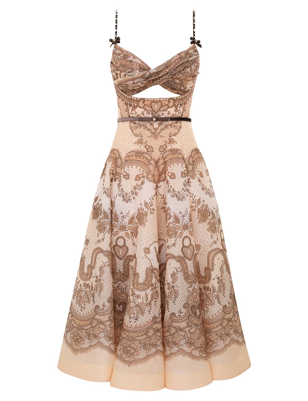 Peach Lace Print Midi Dress