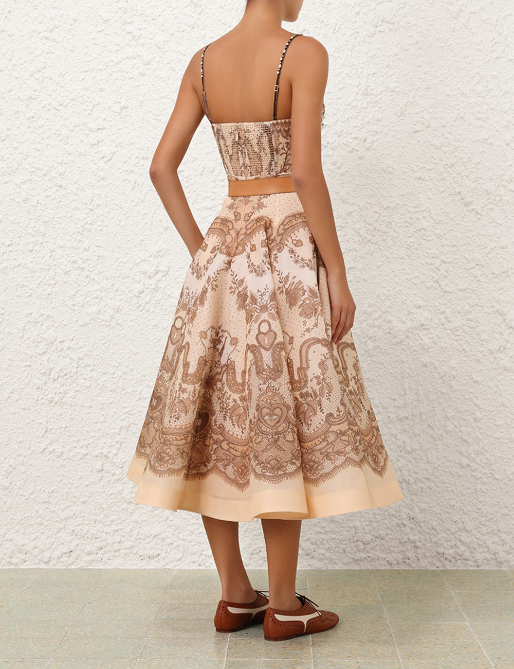 Peach Lace Print Midi Dress