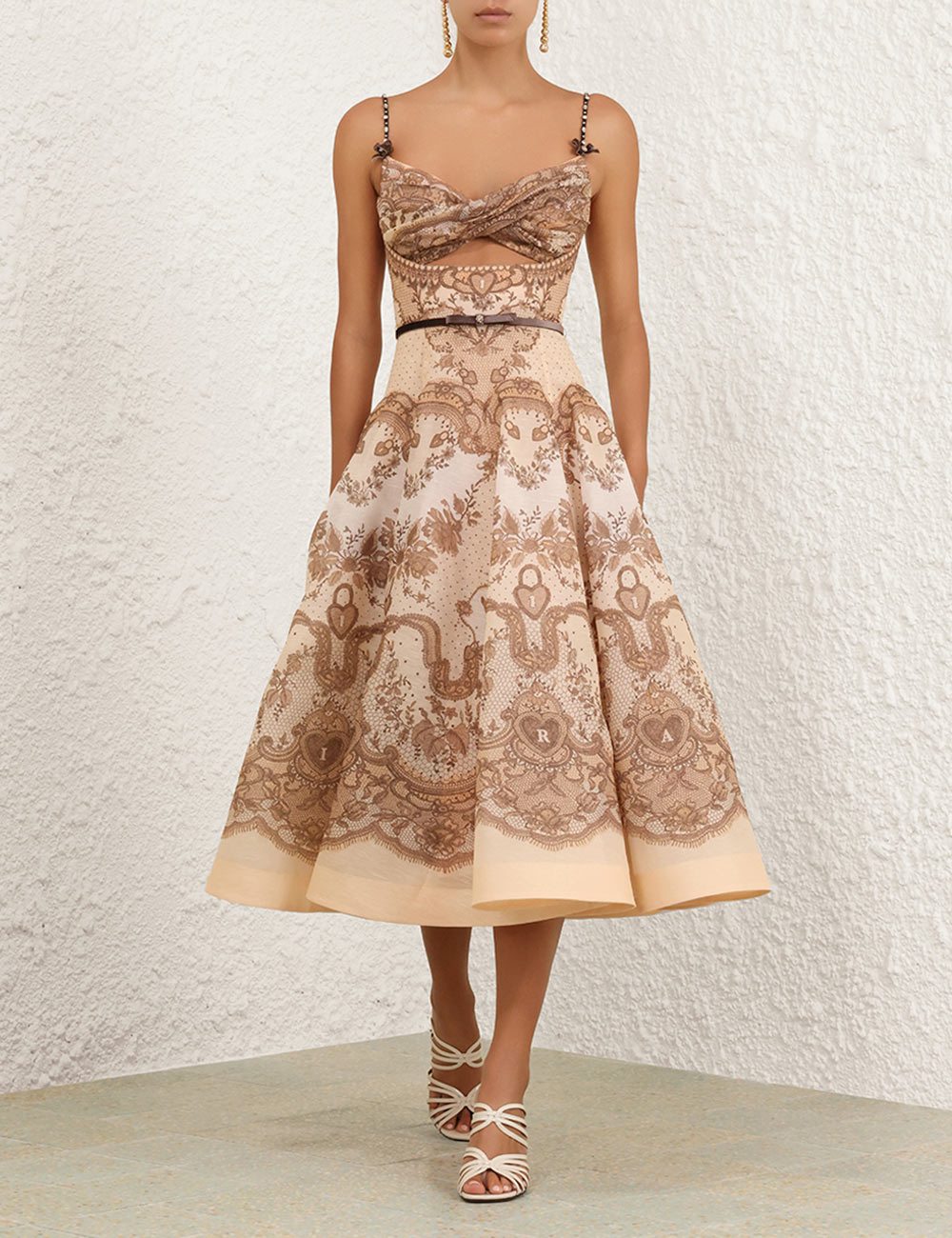 Peach Lace Print Midi Dress