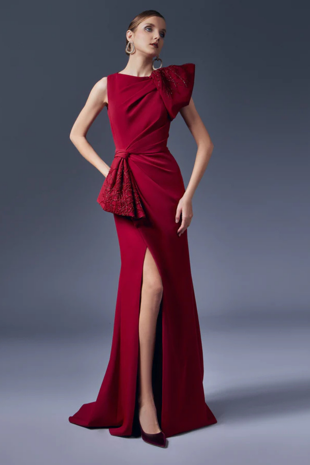 Asymmetrical Bow Ruffled Sheath Dress