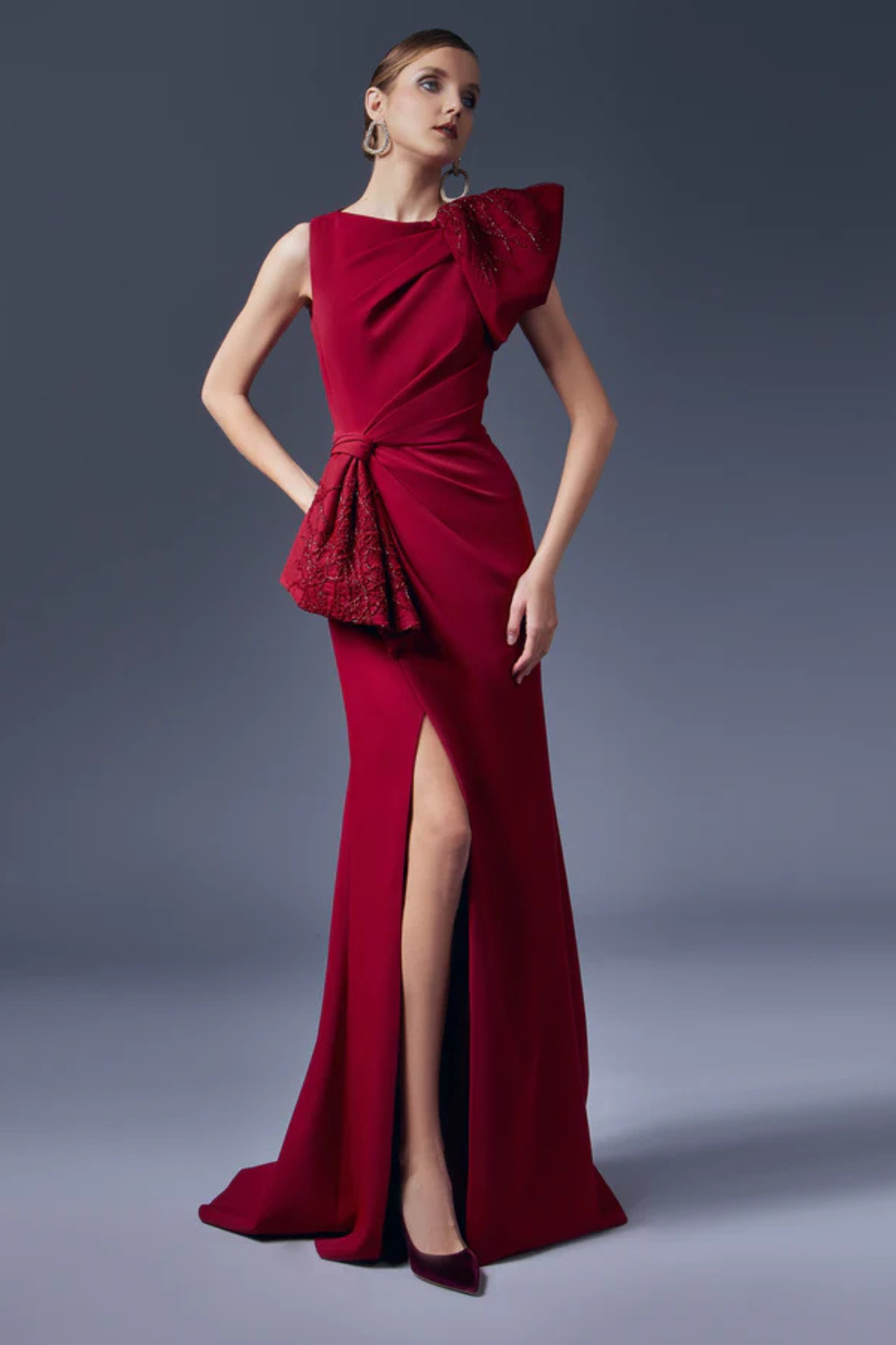 Asymmetrical Bow Ruffled Sheath Dress