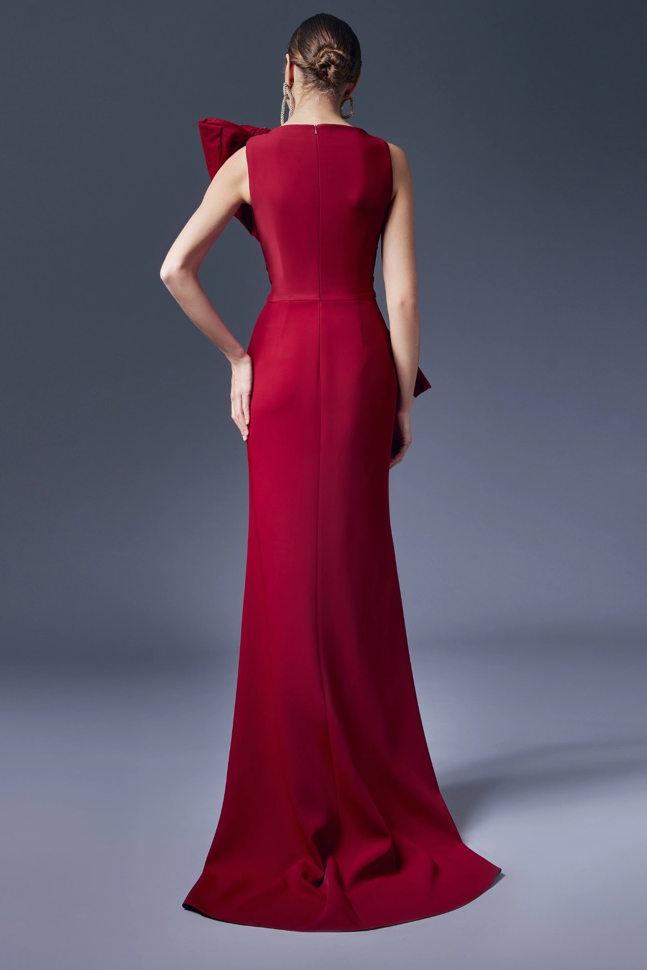 Asymmetrical Bow Ruffled Sheath Dress