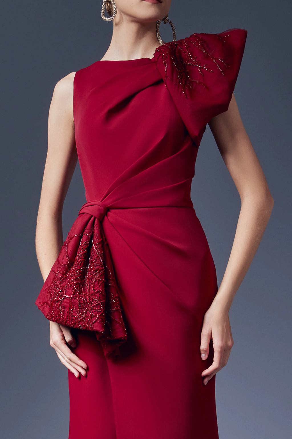 Asymmetrical Bow Ruffled Sheath Dress