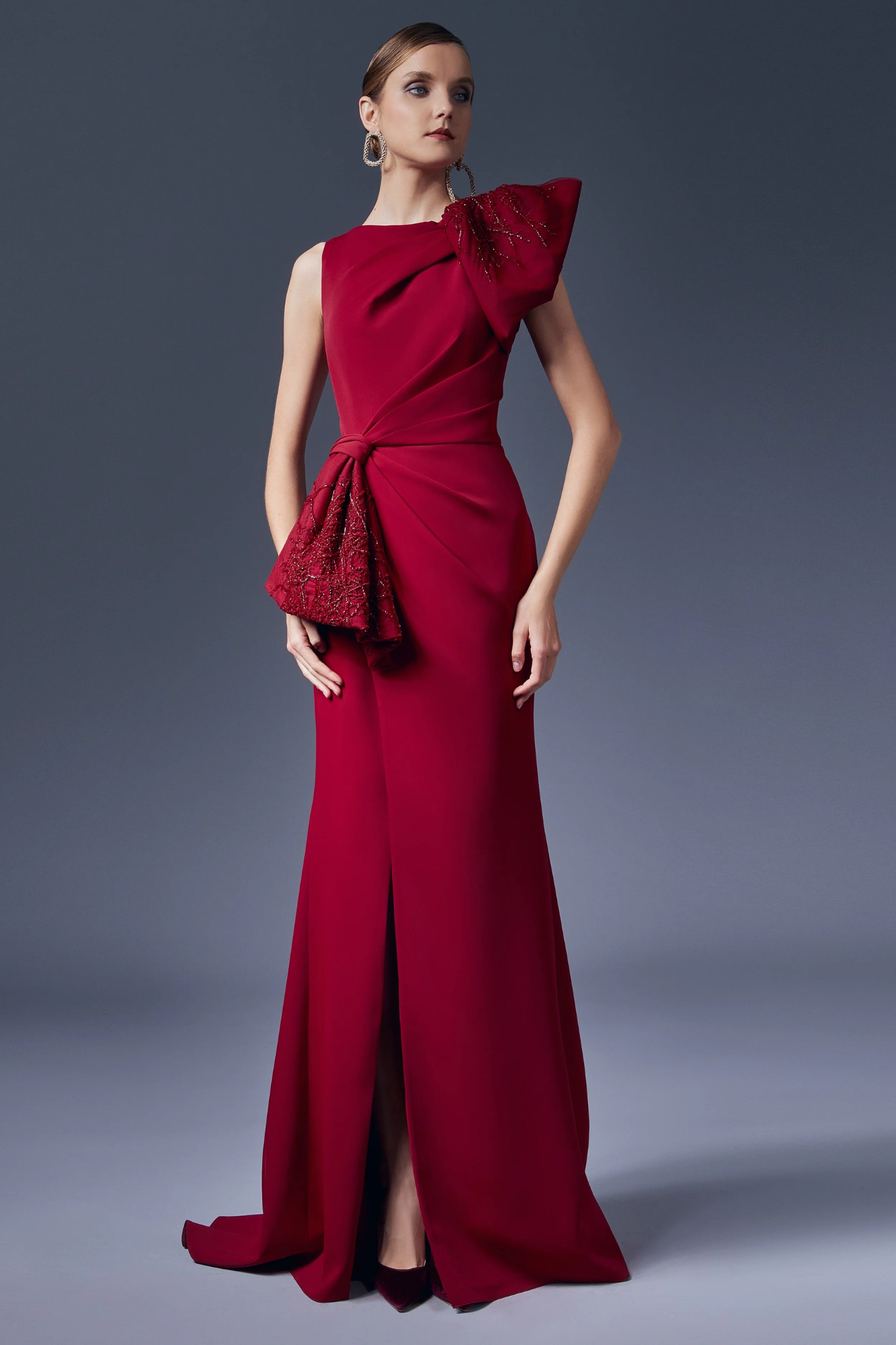 Asymmetrical Bow Ruffled Sheath Dress