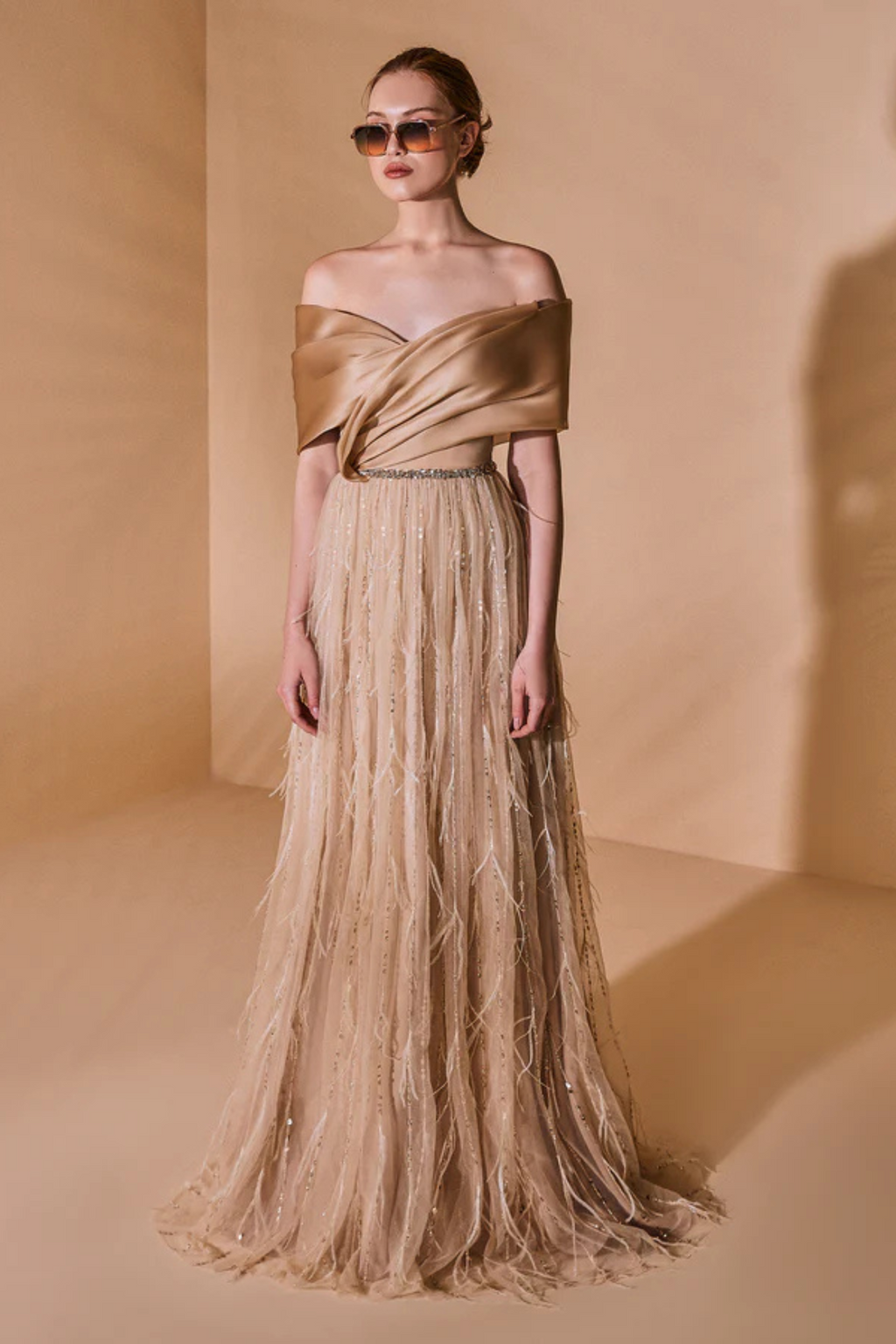 Off-The-Shoulder Long Feather Dress