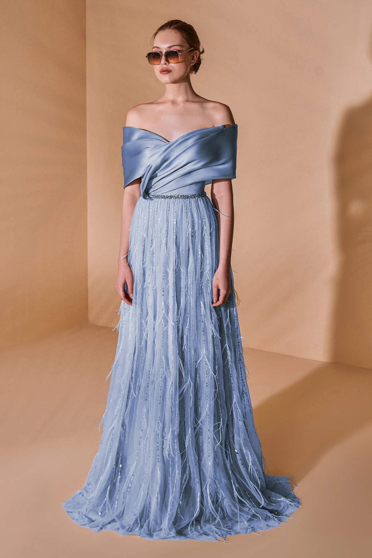 Off-The-Shoulder Long Feather Dress