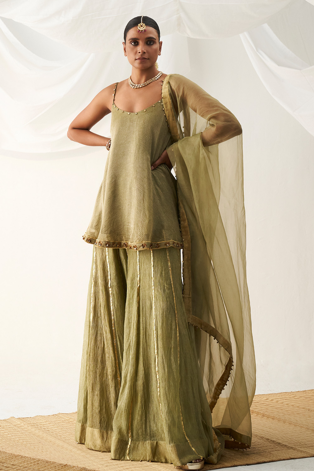 Olive Crush Tissue Sharara Set