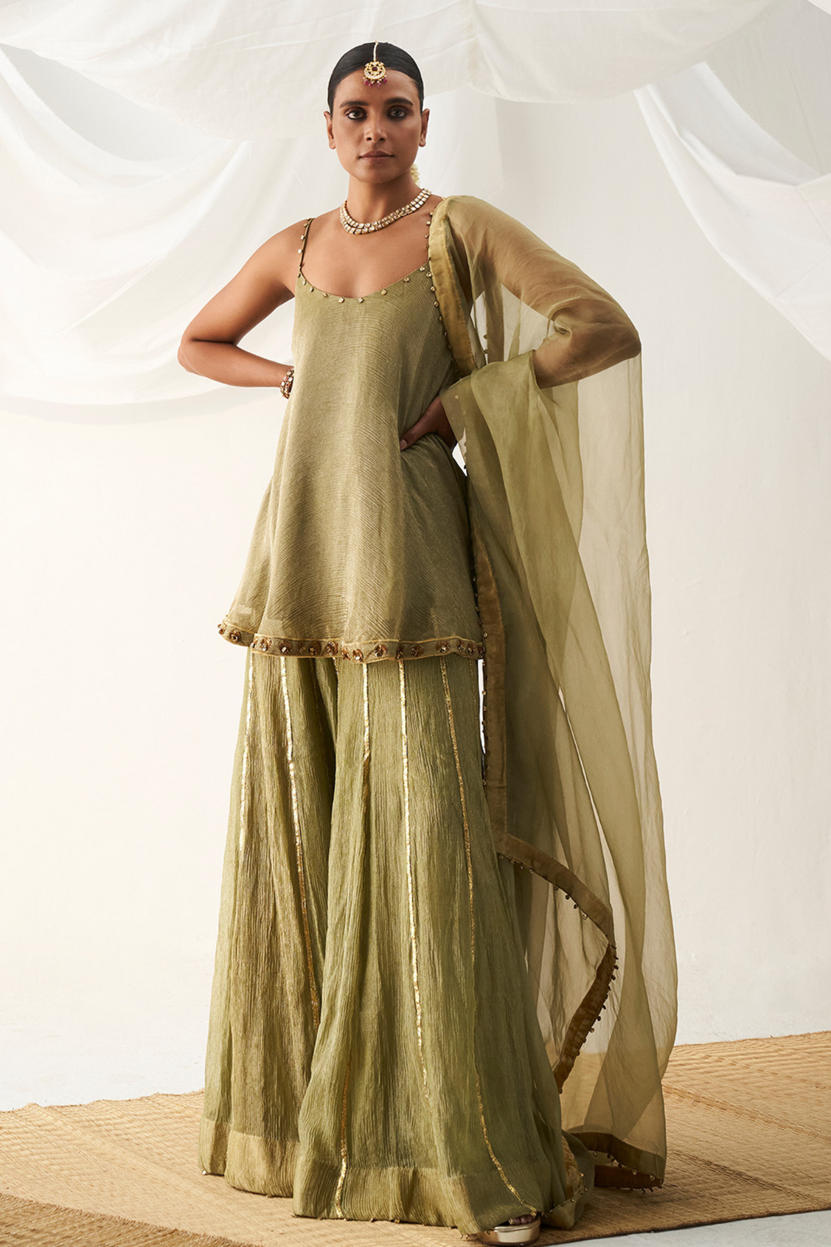 Olive Crush Tissue Sharara Set