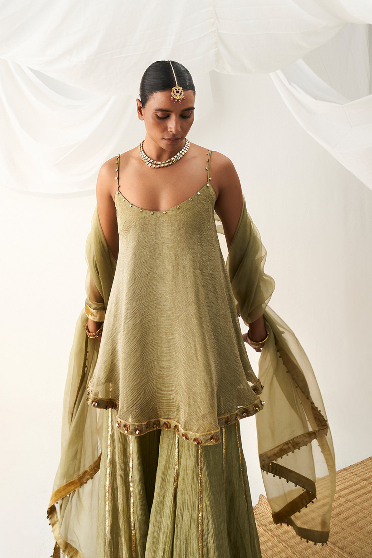 Olive Crush Tissue Sharara Set