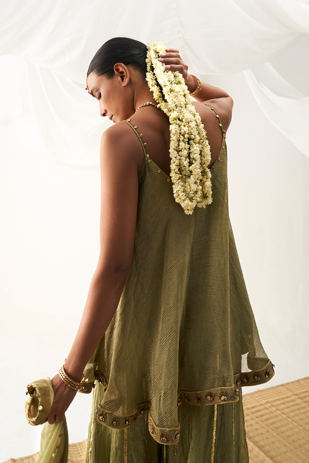 Olive Crush Tissue Sharara Set