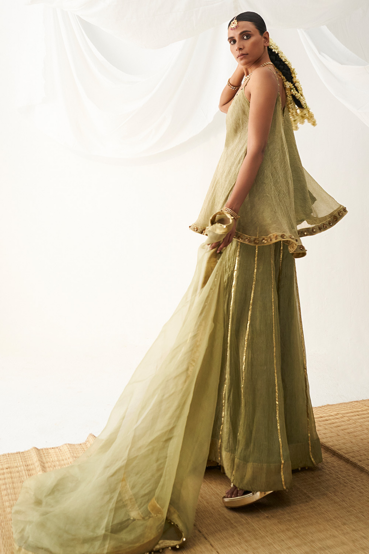 Olive Crush Tissue Sharara Set