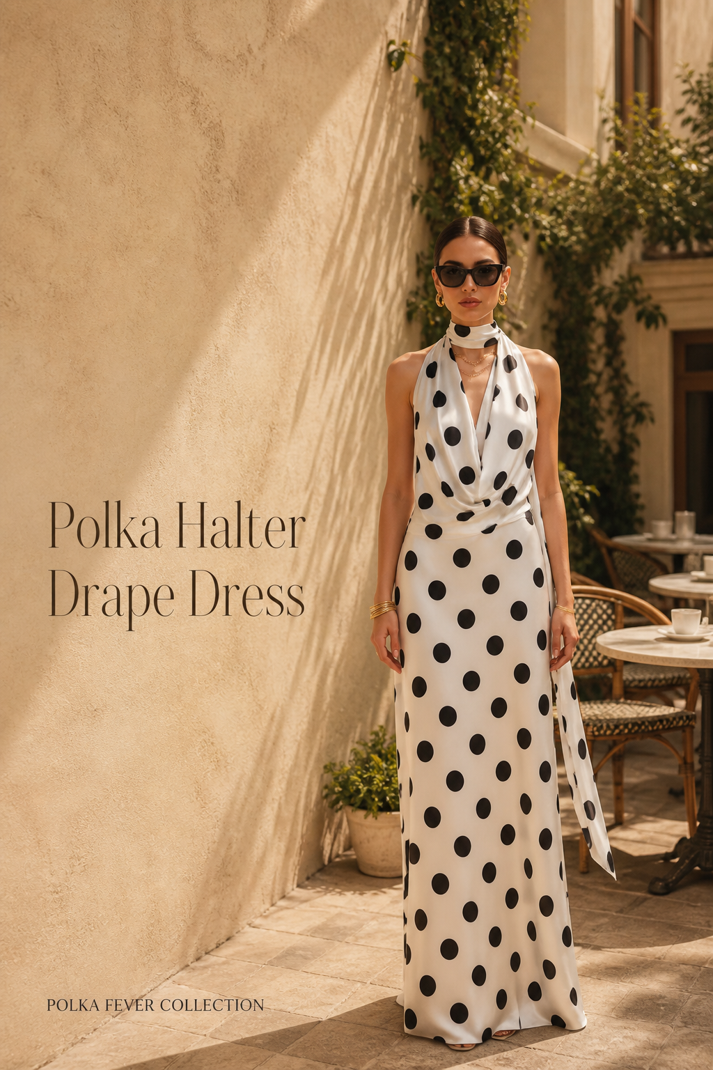Polka Halter Drape Dress
