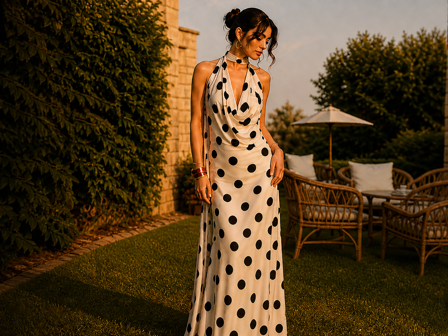 Polka Halter Drape Dress