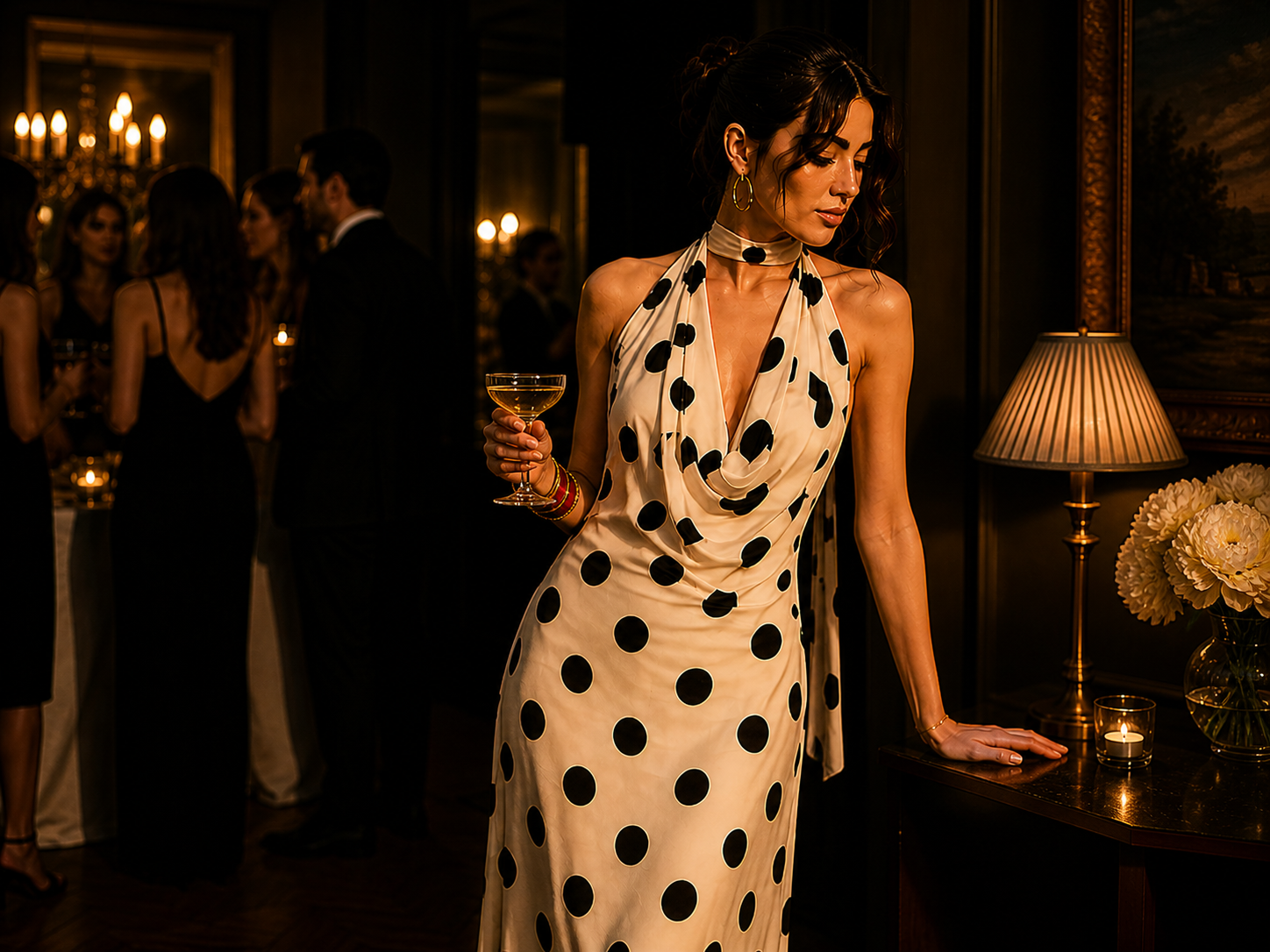 Polka Halter Drape Dress