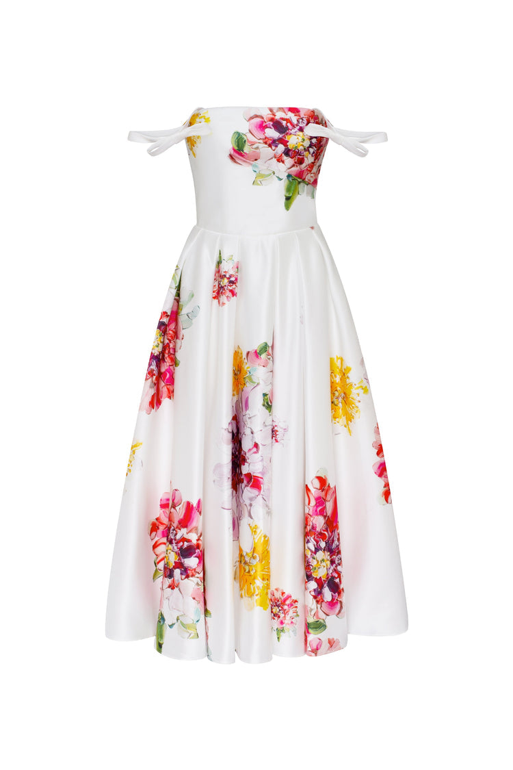 Blushing Blossom Tea-Length Ivory Floral Dress