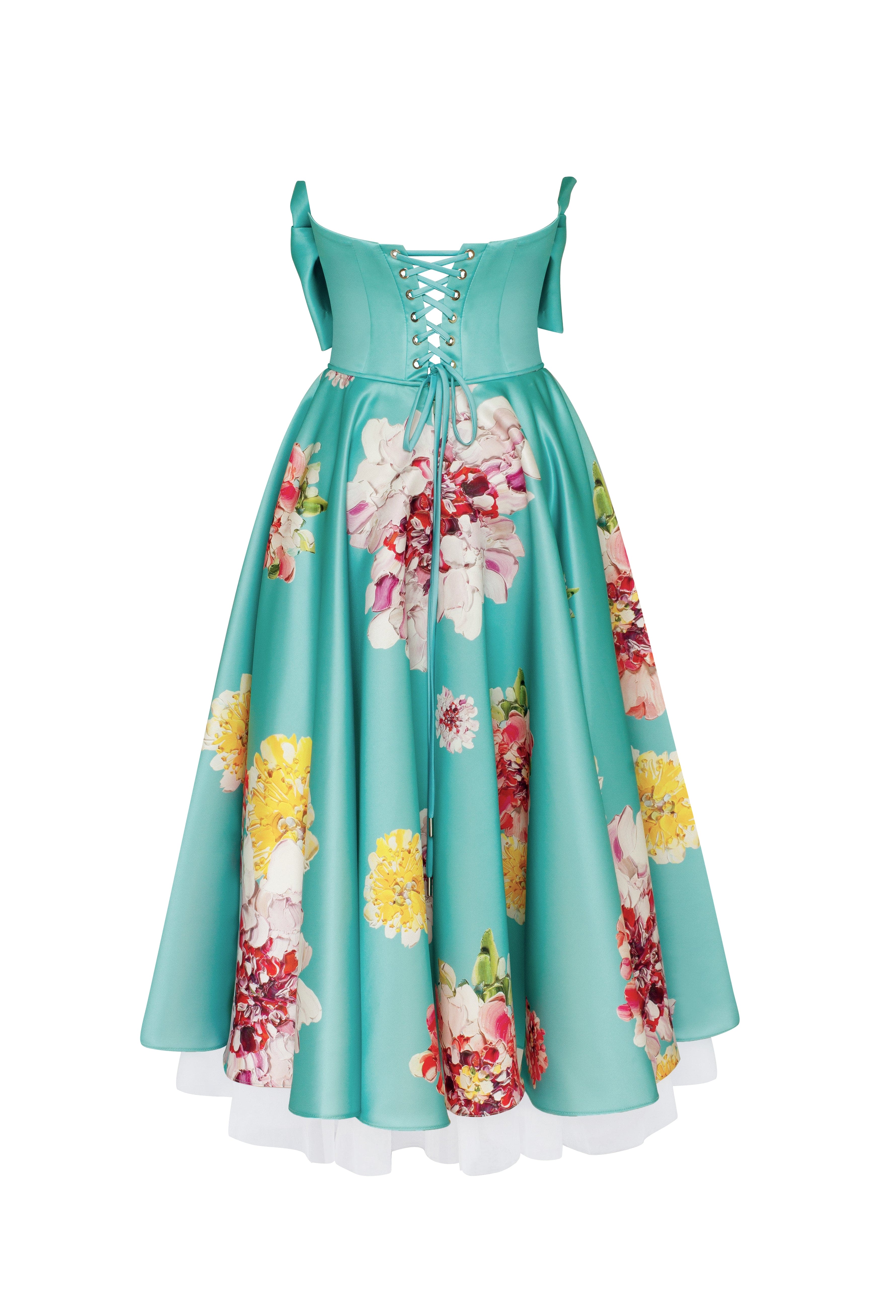 Blushing Blossom Aquamarine Floral Bow Midi Dress