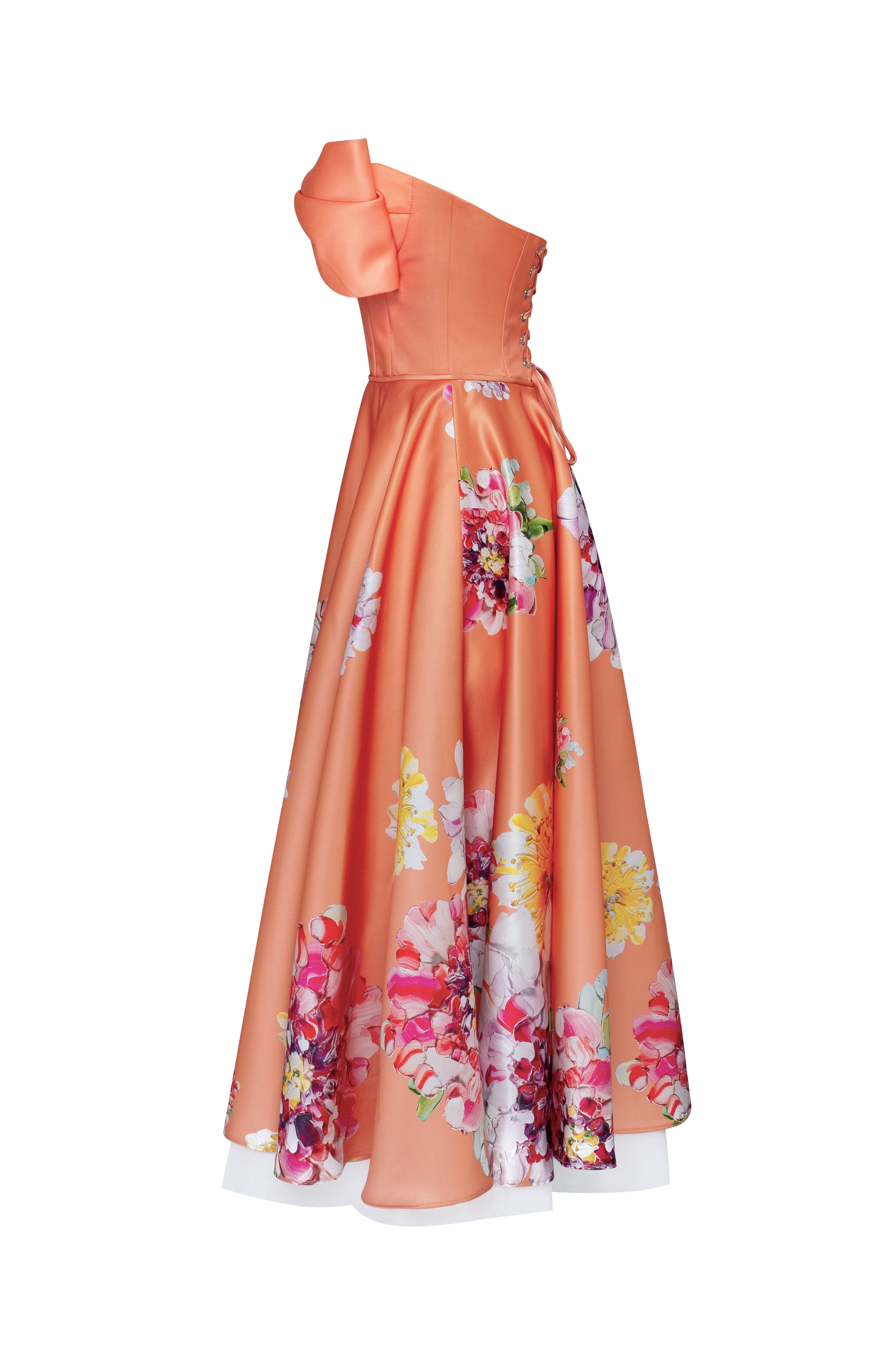Blushing Blossom Orange Floral Bow Midi Dress