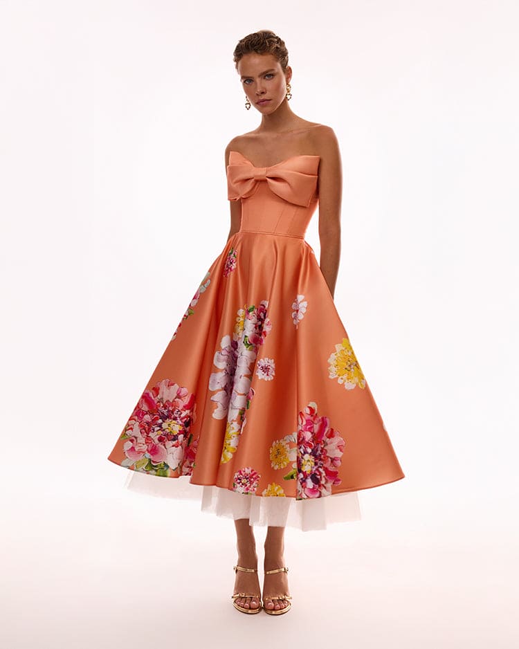 Blushing Blossom Orange Floral Bow Midi Dress