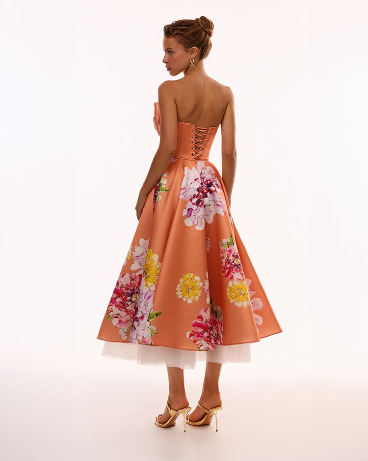 Blushing Blossom Orange Floral Bow Midi Dress