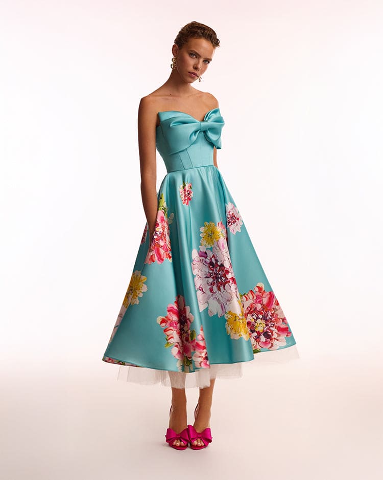 Blushing Blossom Aquamarine Floral Bow Midi Dress