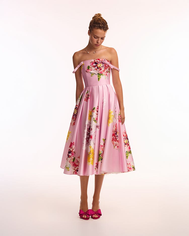 Blushing Blossom Tea-Length Pink Floral Dress
