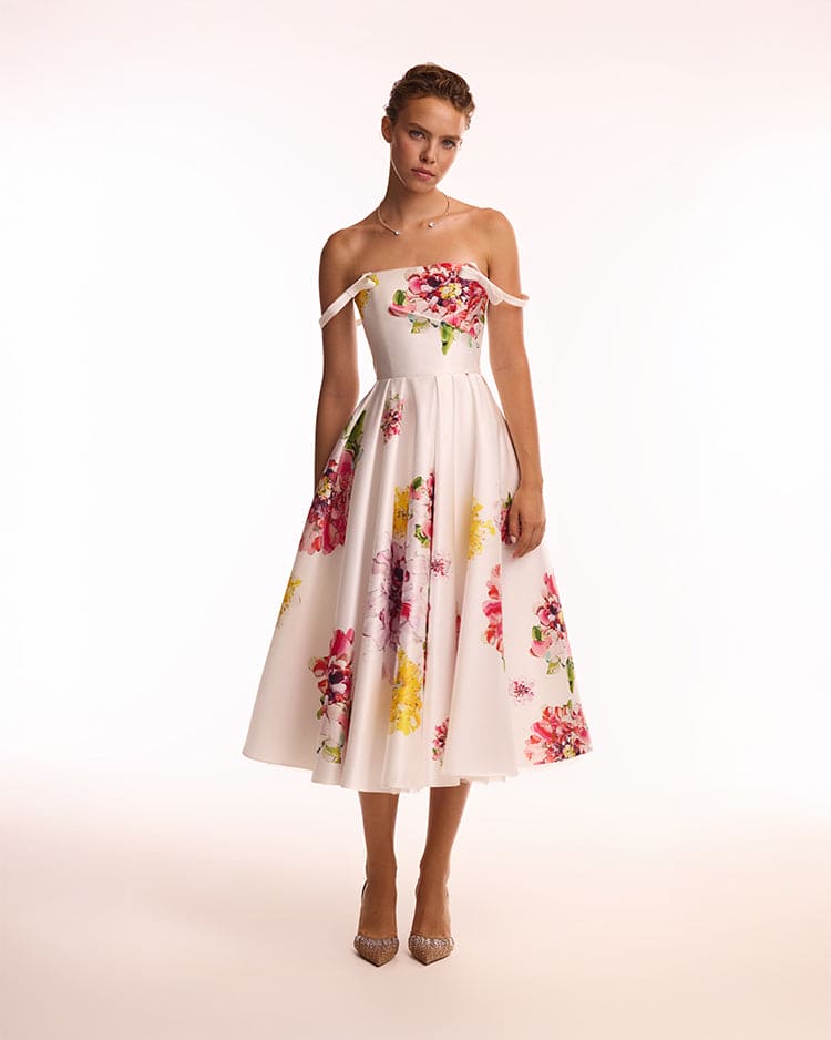 Blushing Blossom Tea-Length Ivory Floral Dress