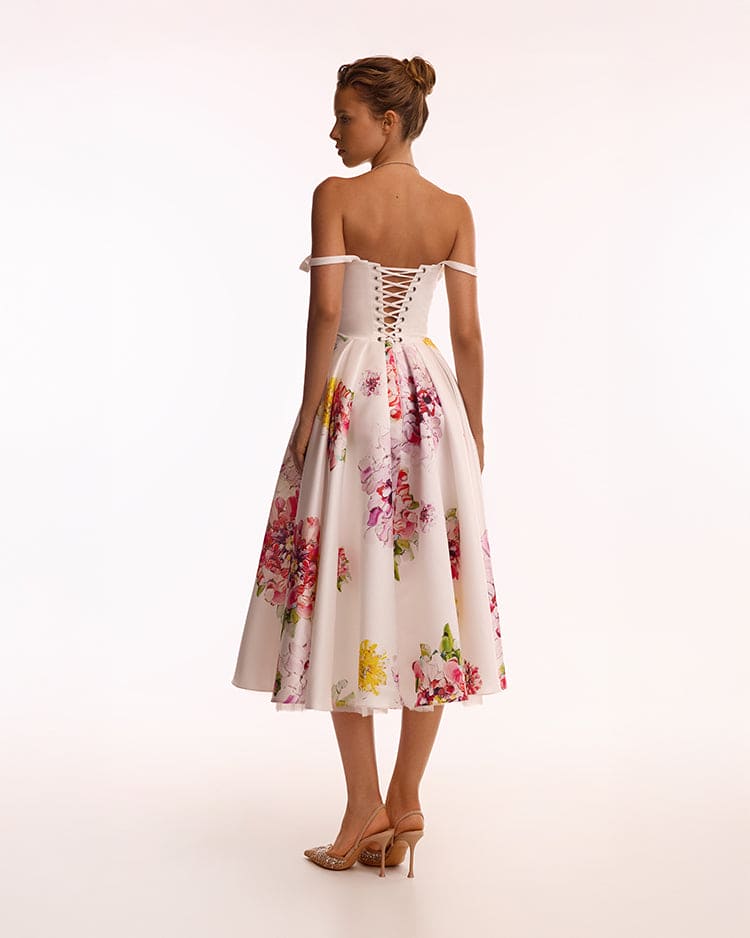 Blushing Blossom Tea-Length Ivory Floral Dress