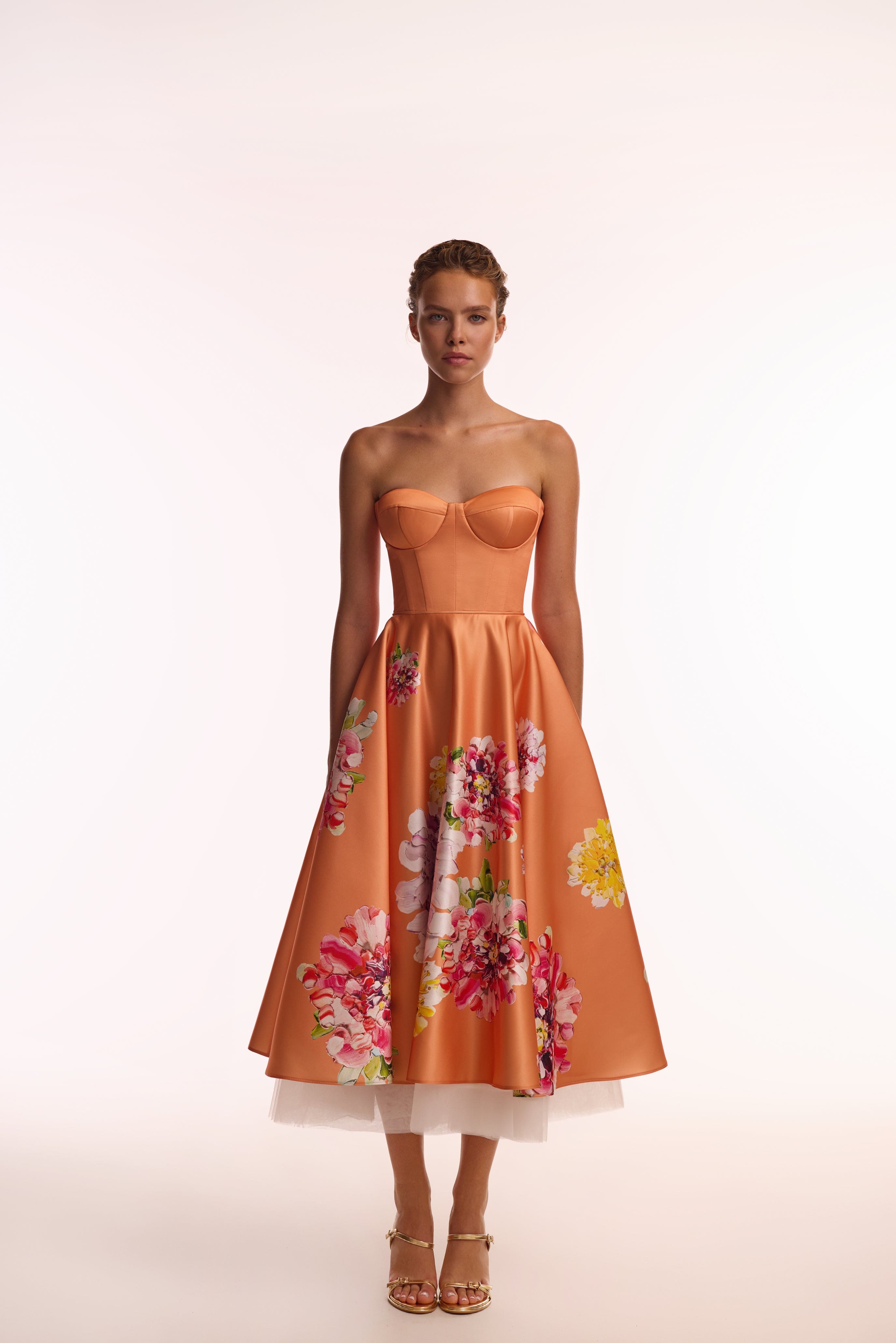 Blushing Blossom Orange Floral Bow Midi Dress