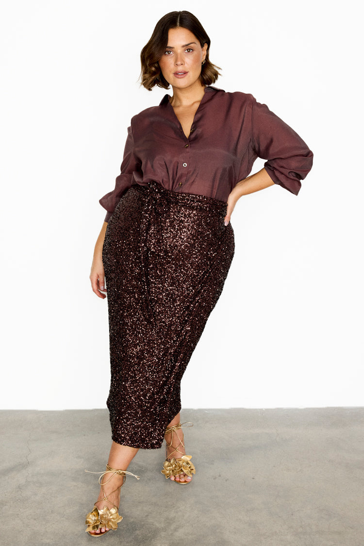Chocolate Sequin Wrap Jaspre Skirt