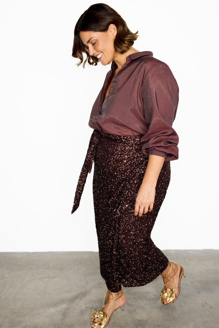 Chocolate Sequin Wrap Jaspre Skirt