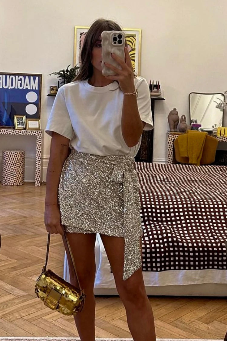 Chocolate Sequin Wrap Jaspre Mini Skirt