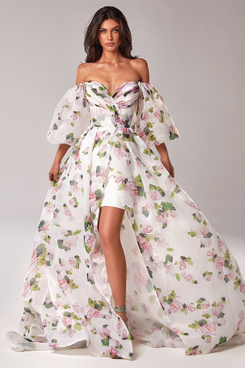 Apple Blossom Floral Puff Sleeve Maxi Dress
