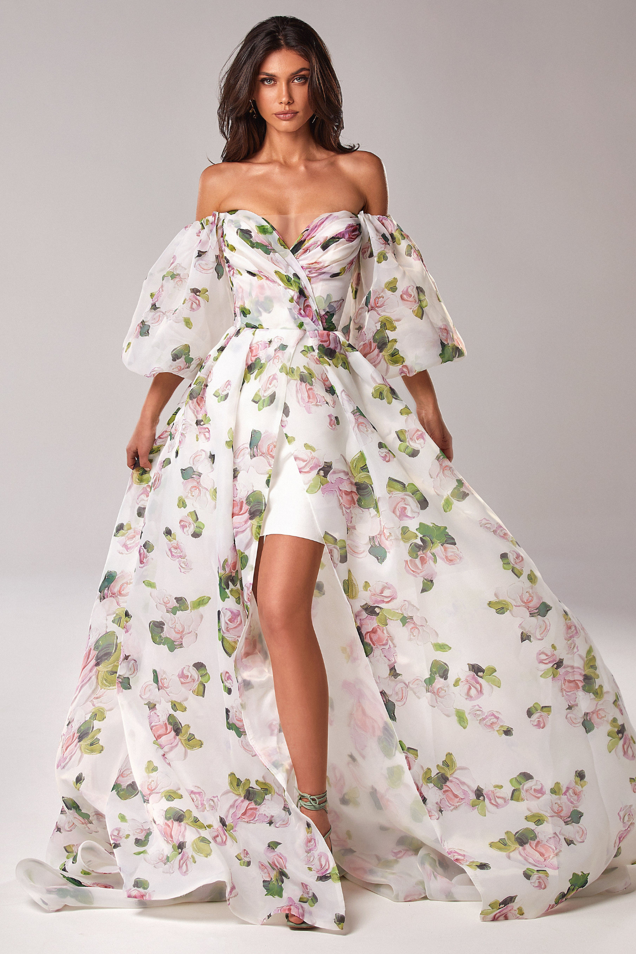 Apple Blossom Floral Puff Sleeve Maxi Dress