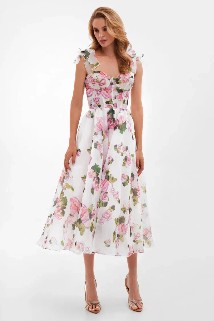 Apple Blossom Tie-Strap Midi Dress