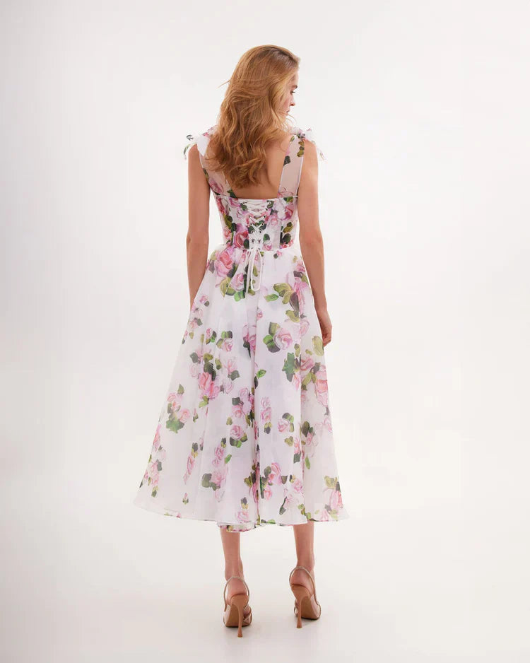 Apple Blossom Tie-Strap Midi Dress