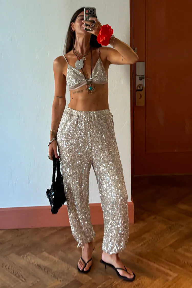 Sequin Triangle Bralette & Wide-Leg Trousers Set