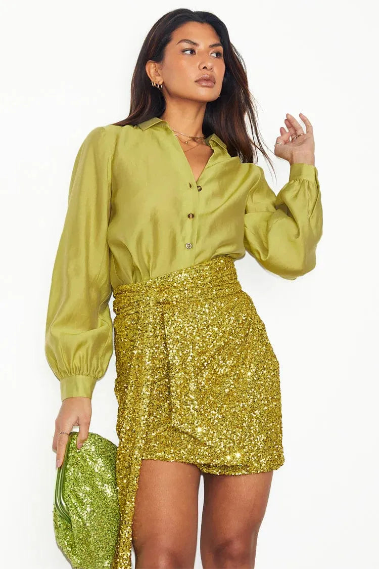 Lime Sequin Wrap Jaspre Mini Skirt