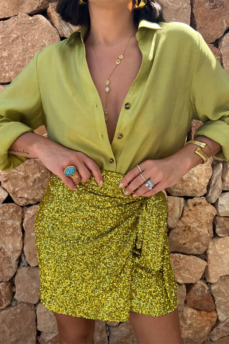 Lime Sequin Wrap Jaspre Mini Skirt