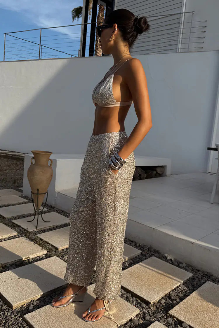 Sequin Triangle Bralette & Wide-Leg Trousers Set