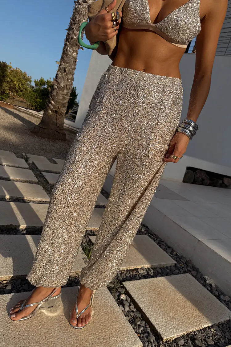 Sequin Triangle Bralette & Wide-Leg Trousers Set